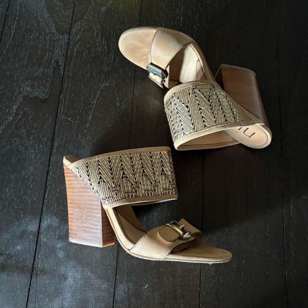 Lanette by Nicole Desert Leather Knit Block Heel Neutral Summer Size 8M Sandals